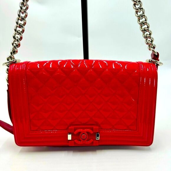 Chanel Boy Red Plexiglass Quilted Matelasse Patent Leather Med Shoulder Bag Ex++ - Picture 1 of 16